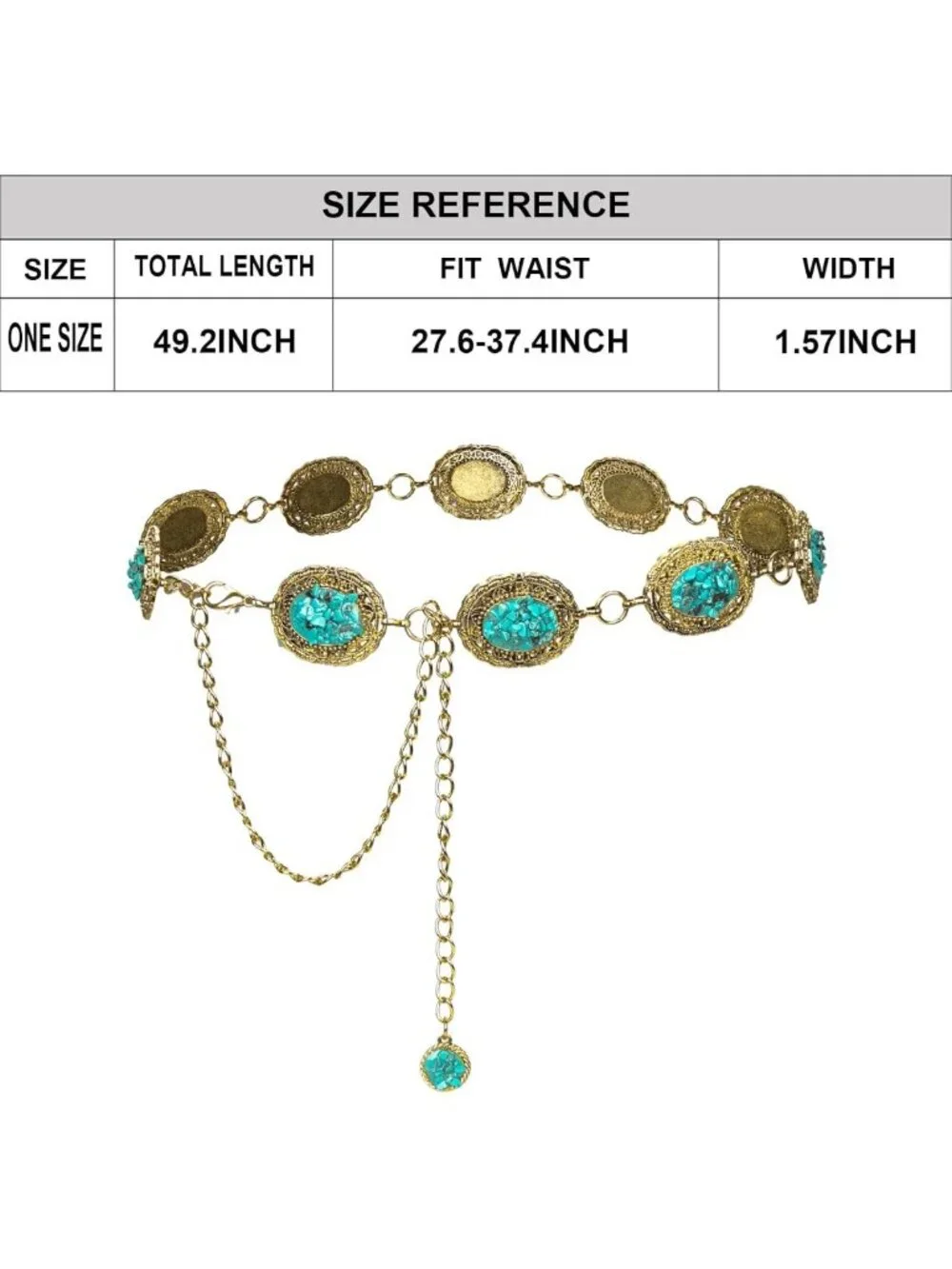 Retro Gold Metal Waist Chain with Turquoise Stone - Women's Punk Western Belt